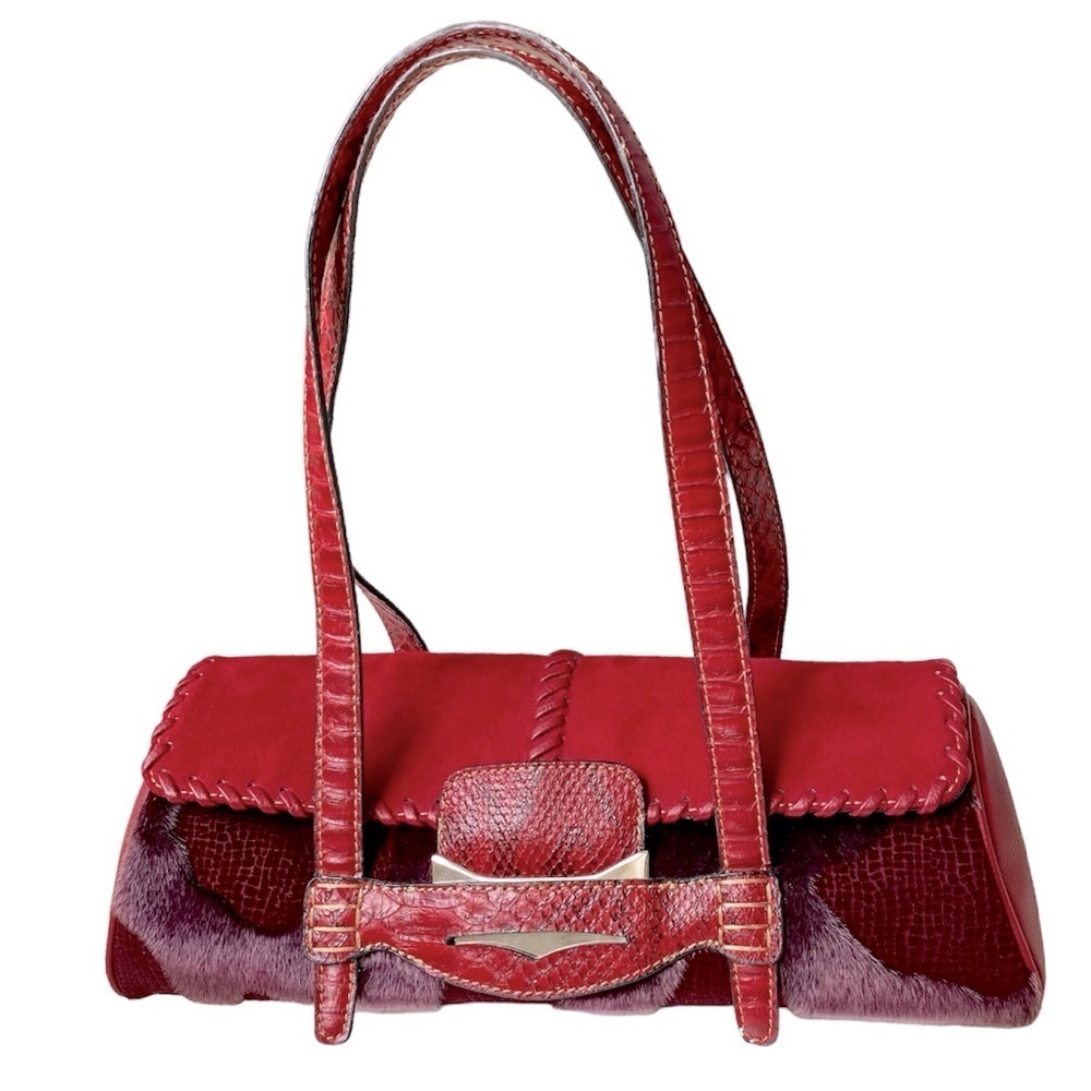 Unique Shoulder Bag Faux Fur and Faux leather Animal Print Red/Purple